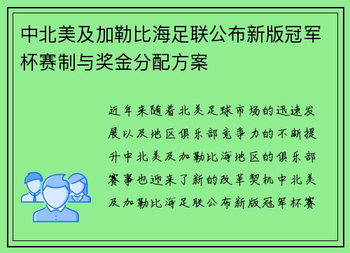 中北美及加勒比海足联公布新版冠军杯赛制与奖金分配方案 中北美及加勒比海足联公布新版冠军杯赛制与奖金分配方案